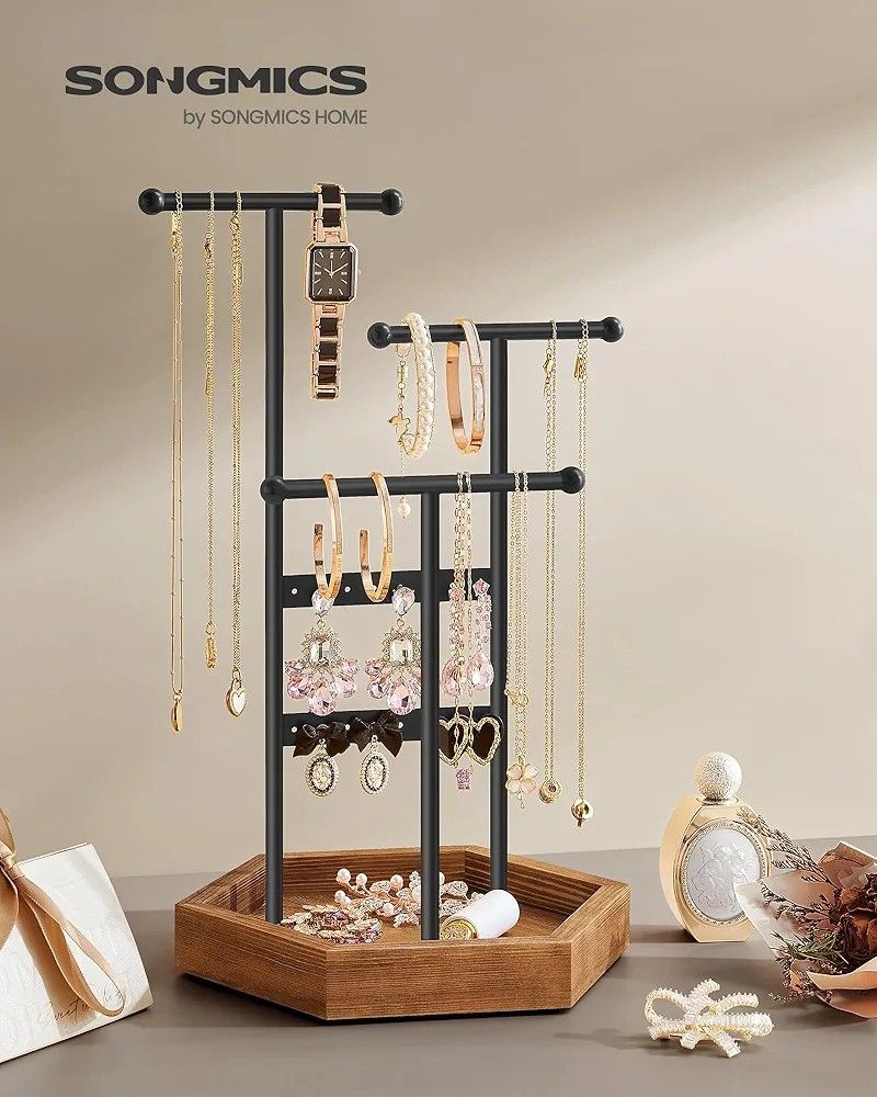 Jewelry Holder, Jewelry Organizer, 4 Independent Zones, Jewelry Display Stand with Metal Frame, Necklace Earring Bracelet Holder, for Rings,