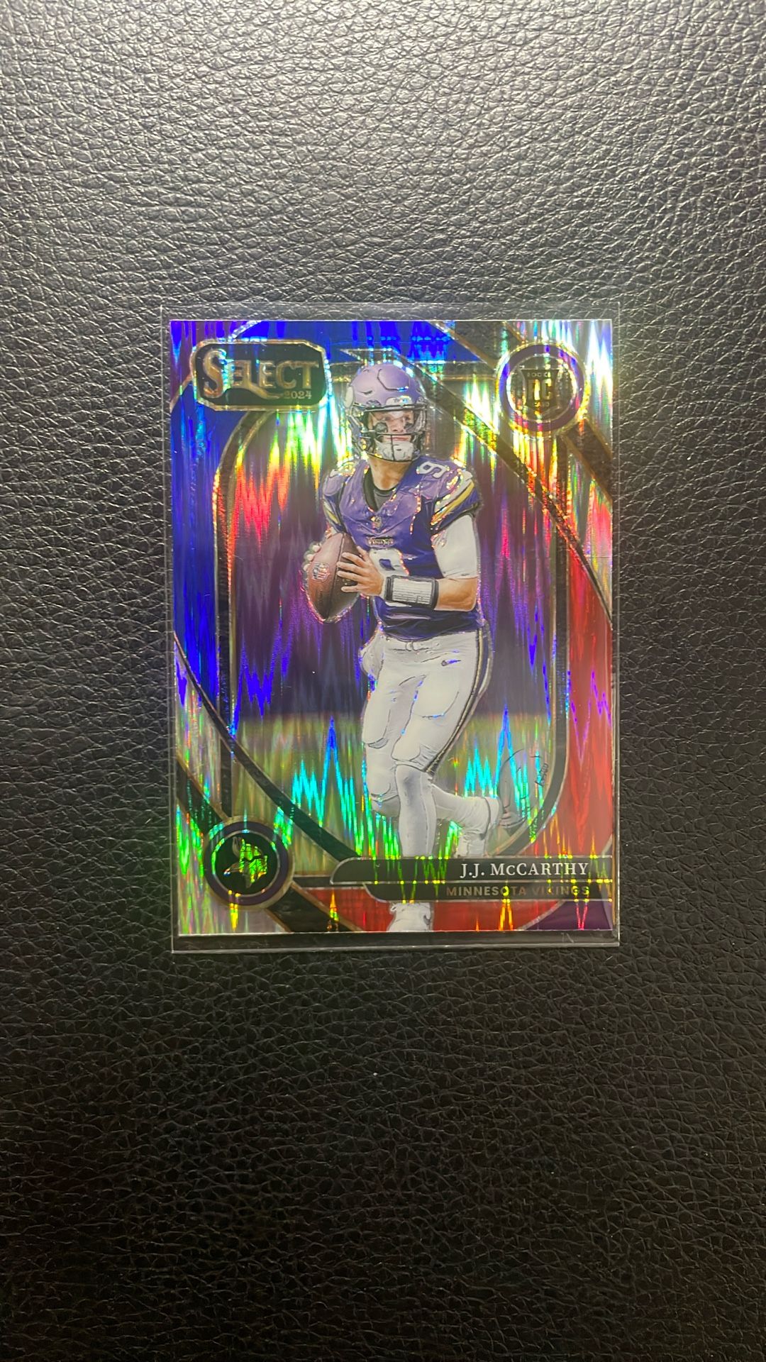 2024 J.J. McCarthy Select Red & Blue Prizm Rookie Card.
