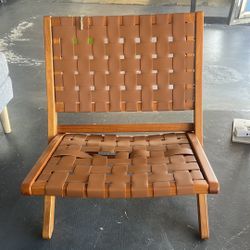 Reduced - Midcentury Modern Accent Chair, Woven Leather Cane Accent Chair, Cognac Leather and Brown Wood, 300Lbs, Boho Wood Rattan Accent Chair, Loung