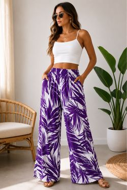 Wide-Leg Tropical Print Palazzo Pants