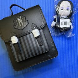 (Similar to Loungefly) Wednesday Addams “Nevermore Academy” Mini Backpack & Wednesday Addams Plush Doll - Both NWTs   