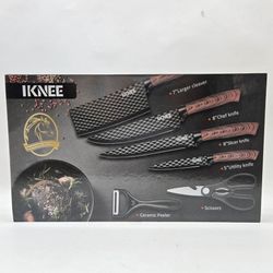 Kitchen Knife Set 6-pc with wood look peeler, scissors, cleaver