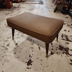 Brown Vintage Ottoman Footstool Textured Vinyl Wooden Legs Mid Century