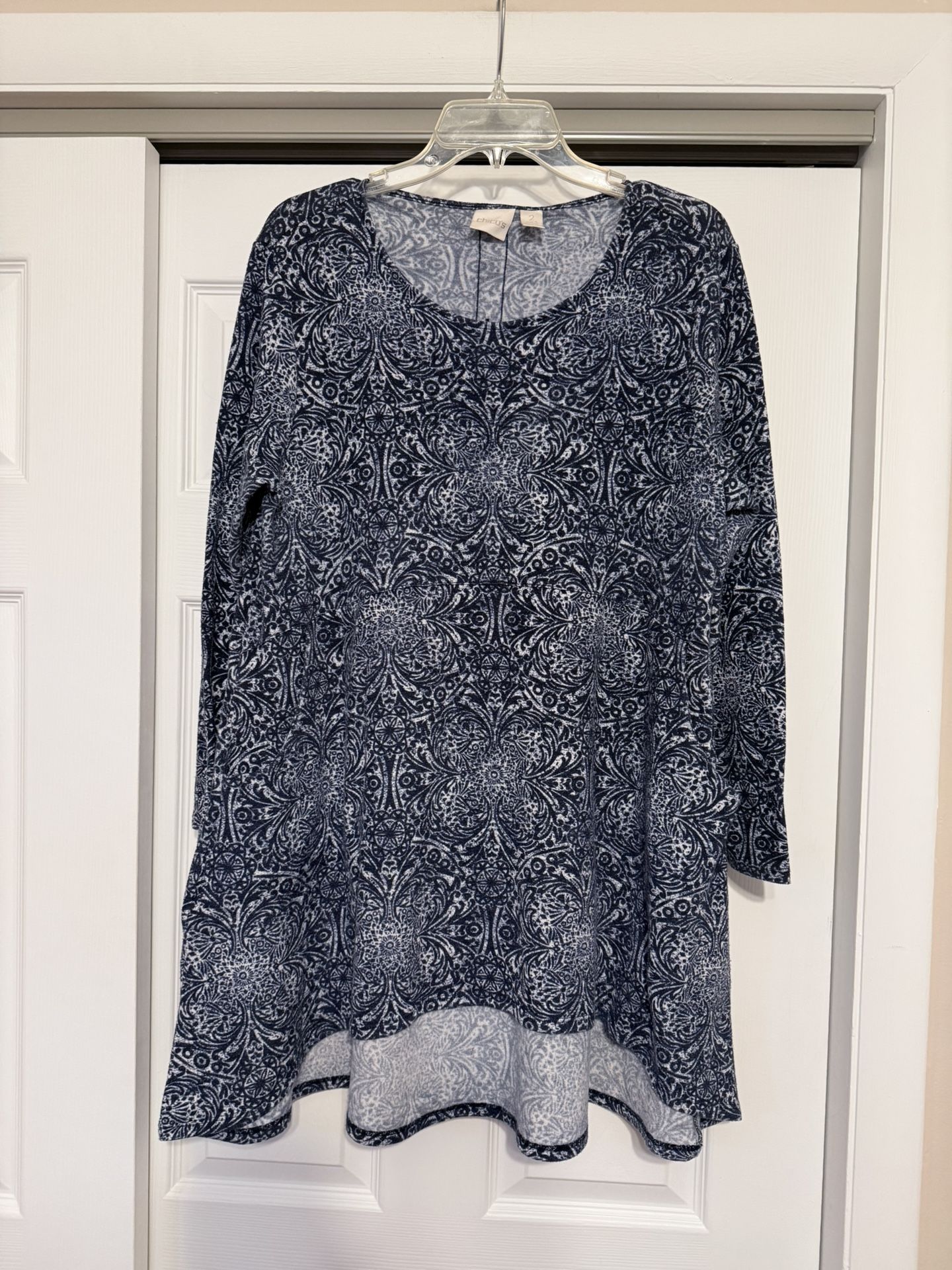 Chico’s Blue & White Medallion Print Tunic Top - Size 12