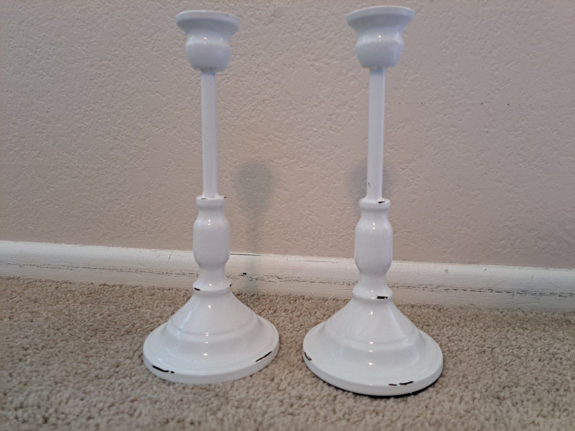 2 Metal White Farmhouse Candle Holders $10