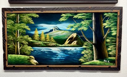 Vintage Framed Velvet Landscape Painting - 4 Ft Panoramic Wall Art