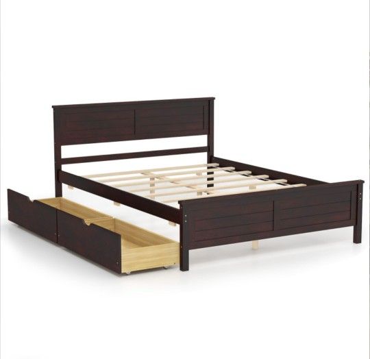Full Size Bed Frame W/ Storage Drawers Solid Wood Headboard Espresso Coffee HU10561CF-F
