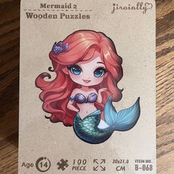 Mermaid 100 Piece Wooden Jigsaw Puzzle with Wood Box Storage Case, Unique Design and Special Shaped Pieces, 8.6x7.9 Inches *Brand New & Sealed*