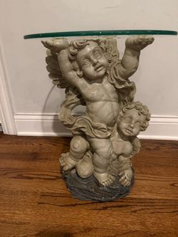 Cherub Angel Sculpture Glass Top Side Table