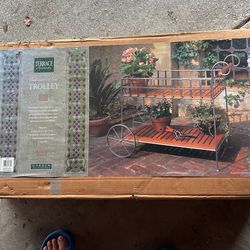 Teakwood & Iron Garden Trolley – Plant Stand or Storage Cart
