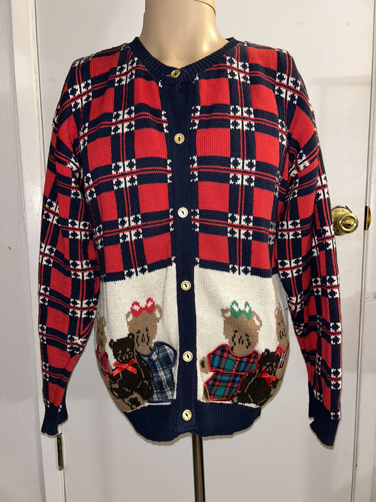 Vtg Sweater Loft 90s Christmas Ugly Vest Knit Cardigan Button Up Teddy Bear Sz M