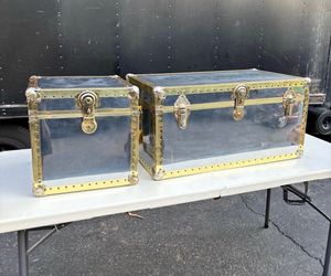 Mid Century Chrome Sheet Metal And Brass Handles Storage Trunk / Coffee Table / End Tables set.