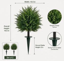 Artificial Cedar Topiary Ball Tre w/ Ground Spike UV Resistant Artificial Outdoor Plants Set of 2