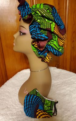 African print hair bonnet with satin lined and face masks set