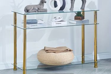3 tier clear tempered glass console table with storage with storage shelves  stainless steel tube's for living room decor
