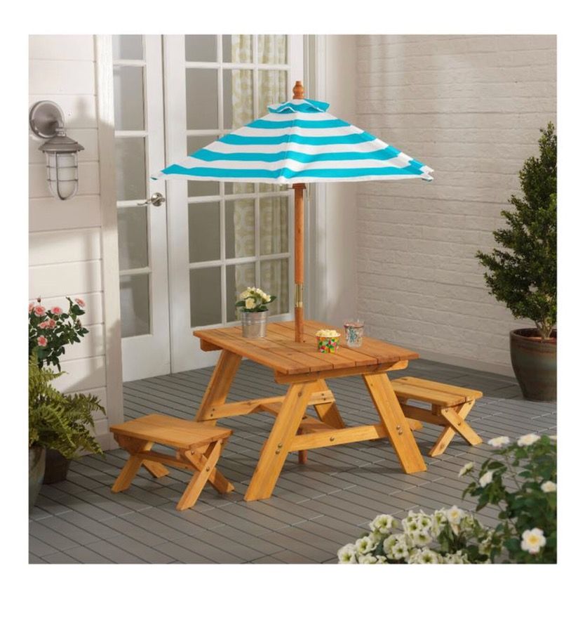 kidkraft outdoor table and bench set with umbrella