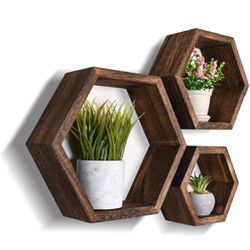 Set of 3 Pine Wood Hexagon Shelves