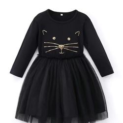 Girls' Black Embroidered Sequin Mesh Cat Dress Size 8/10