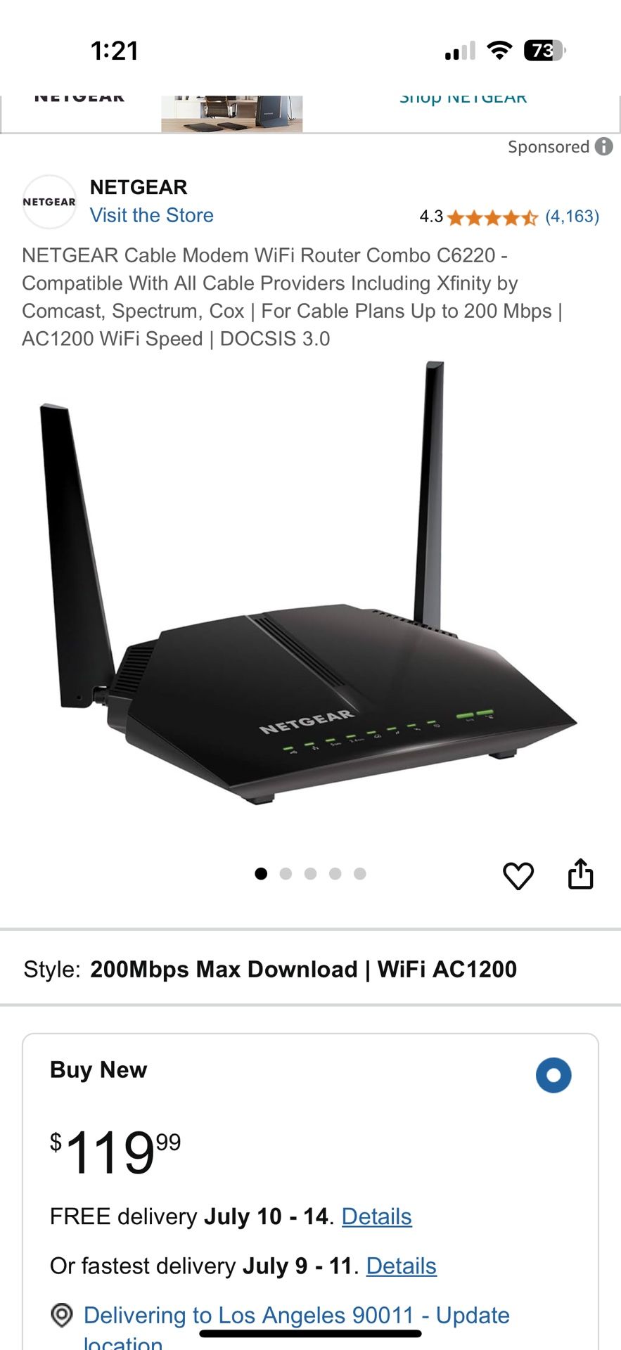 NETGEAR Cable Modem WiFi Router Combo C6220
