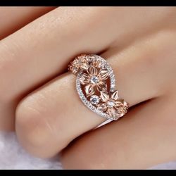 Elegant TwoToned Floral 925 Sterling Silver White Diamonds Rose Gold Size4-5  Bridal Ring 
