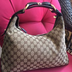 GUCCI  Bag ,  Horsebit Brown Canvas Leather Metal Hobo Bag
