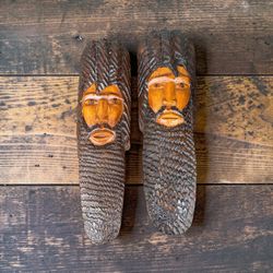 Pair Vintage Hand Carved Wooden Spirit Busts - Wall Decor