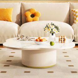 32" White Oval Stone Top Coffee Table