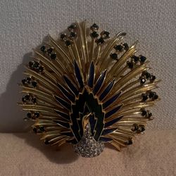 Vintage Jomaz Gold-tone Blue Green Rhinestone And Enamel Peacock Brooch Signed