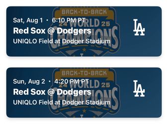 4 Dodgers v Red Sox Tickets (SAT & SUN)