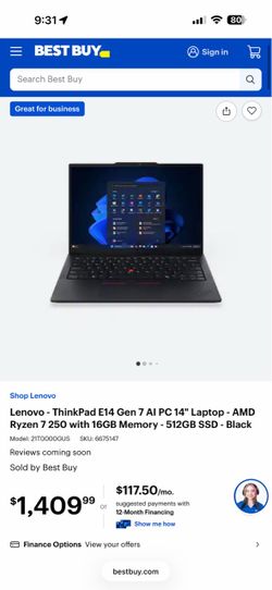 Lenova thinkpad E14 gen 7 ai pc 14” laptop