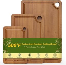 Bamboo Cutting Board for Kitchen, 3-Piece Set with Juice Grooves, Side Handles & Non-Slip Mats – Durable Bamboo Chopping Board for Meat, Vegetables an