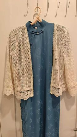 Blue Floral Qipao Dress with Crochet Cardigan