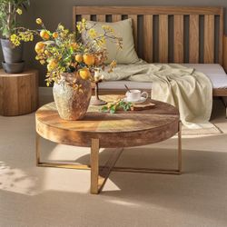 Round Wood Coffee Table Circle Wooden Coffee Table with Gold Metal Legs Espresso 32.28" D x 32.28" W x 17.72" H for Living Room, Rustic, Vintage, Easy