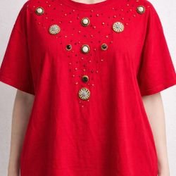 Vintage Cesucci Red Embellished Tee Gold Studs 90s XL Cotton