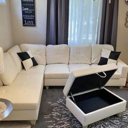 White Leather Sectional Couch and Ottoman
