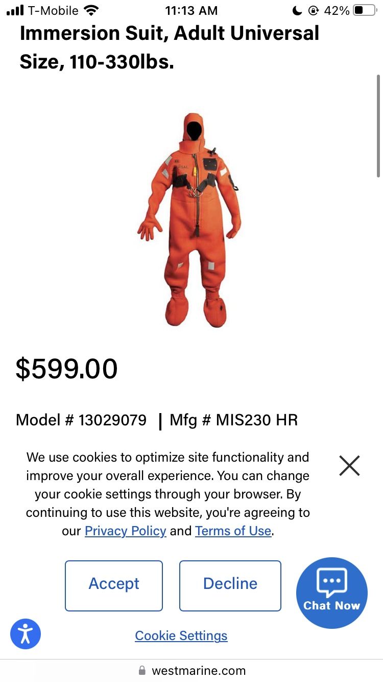 Mustang immersion, survival suits Trades Ok