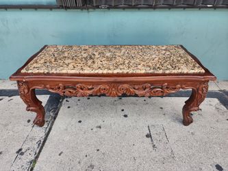Beautiful Vintage Oriental Granite & Carved Wood Coffee Table