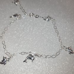 925 Sterling Silver Dolphin Charm Bracelet/Anklet – Adjustable Fit