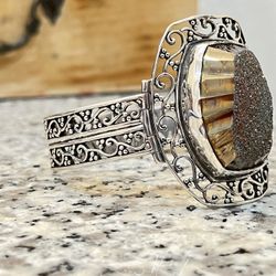 Sajen Sterling Silver Druzy Filigree Bangle Cuff Dramatic Bracelet Purple Blue Center Sections Measures 2/25" x 2.25" Bracelet Would Accomodate Someon