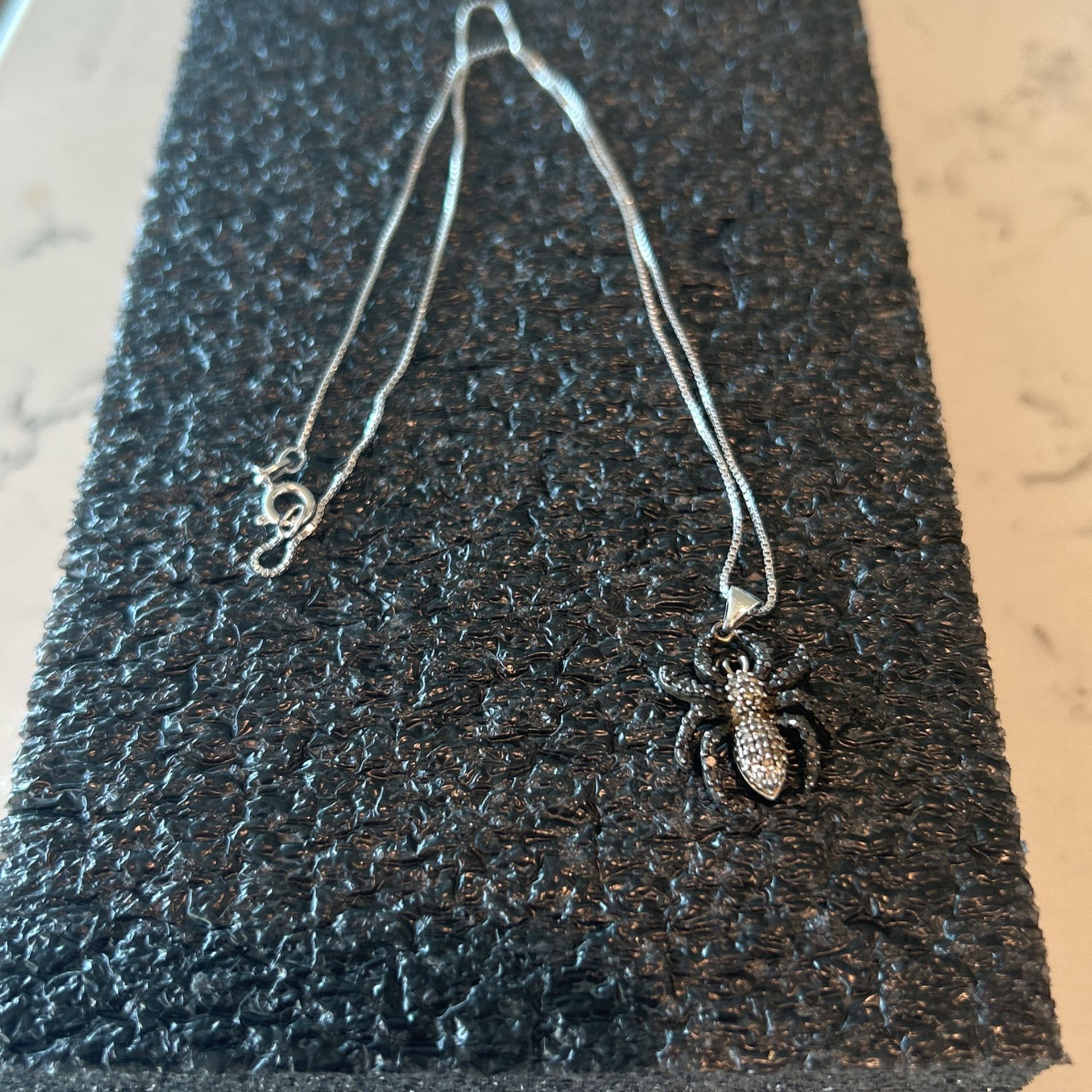 Sterling Silver Spider Pendant/ Chain With Black And White Diamonds