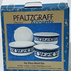 NEW Pfaltzgraff Orleans 6Pc Covered Bowl Set 04467 Porcelain On Steel 2002 Boxed