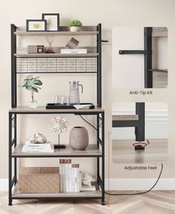 Bakers Rack with Power Outlet, Microwave Stand, Kitchen Tall Utility Storage Shelf, with Metal Wire Panel, 14 Hooks, 15.7 x 31.5 x 66.9 Inches, Heathe