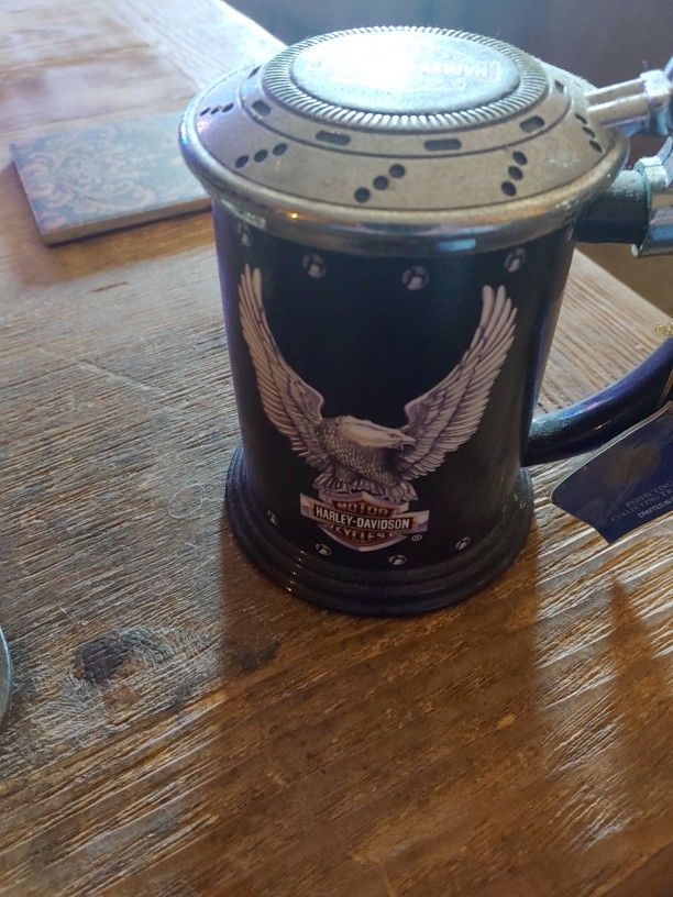 Harley-Davidson beer stein, specifically the Franklin Mint Softail Motorcycle Collectible Tankard.