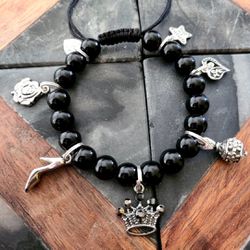 Genuine Black Obsidian Beads Charm Bracelet Handmade