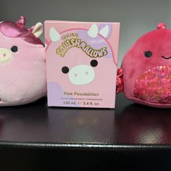 Lot of 3 Squishmallows Pink Possibilities perfume 3.4 fl oz brand new and 2 Squishmallows plushies plush toys  In excellent condition