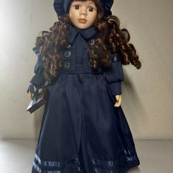 Porcelain Doll in Navy Blue Dress – Excellent Condition – Quick Sale