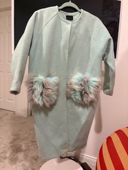 Mint Green Wool Blend Coat with Luxury Faux Fur Pockets - Size M