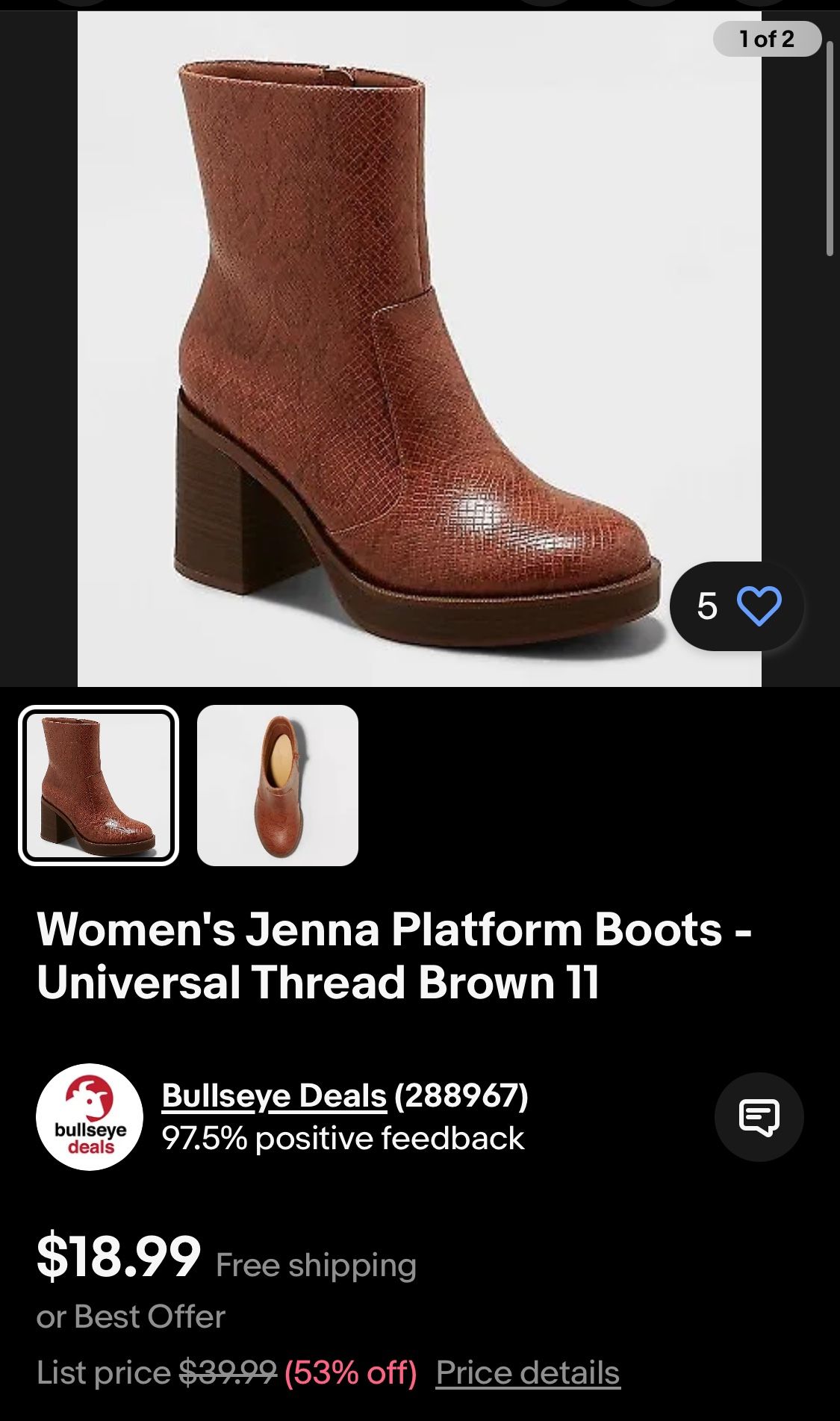 Women's Jenna Platform Boots - Universal Thread Brown Sizes 6 To 12 