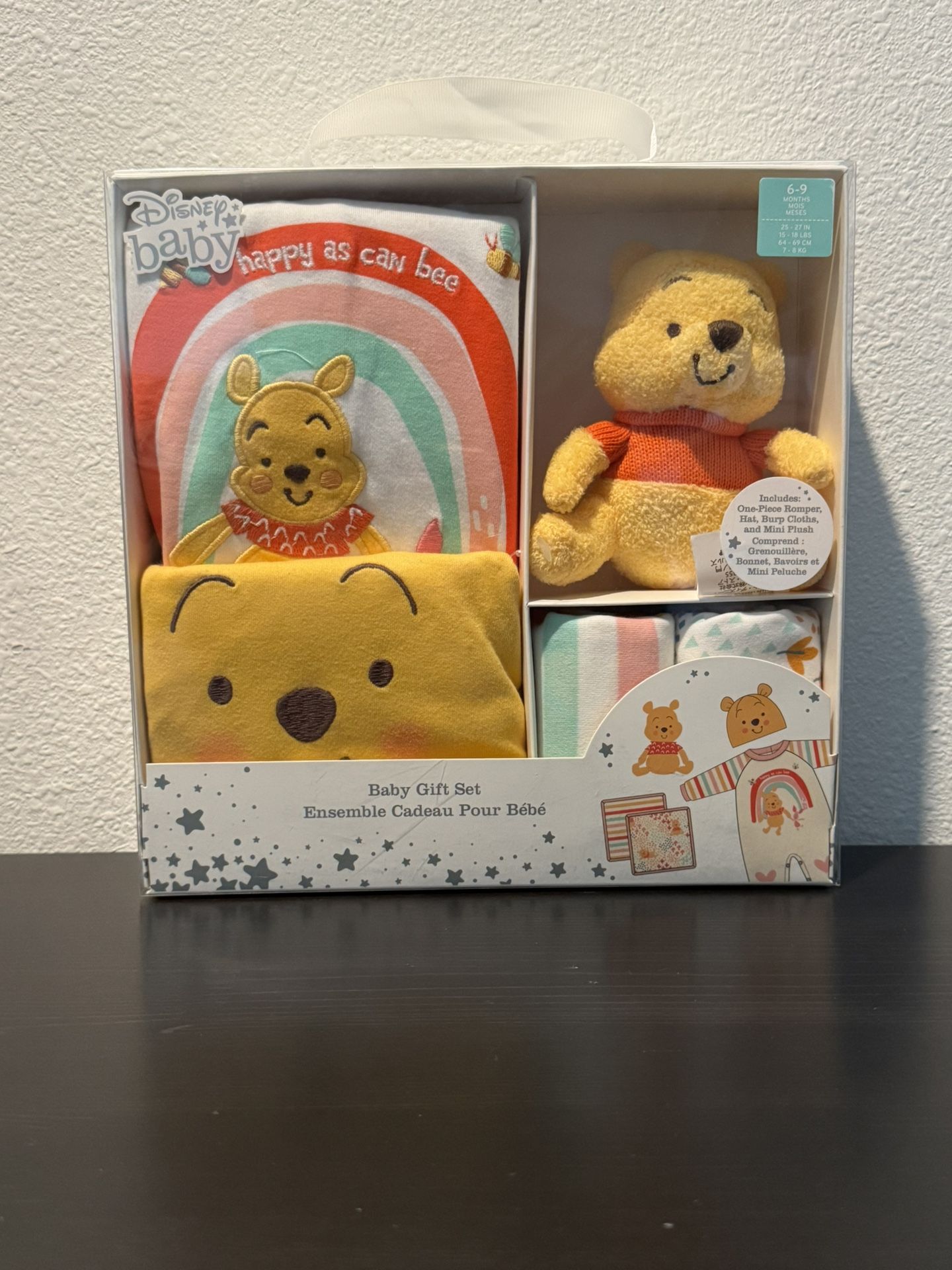 Disney Baby Winnie Gift Set 6-9 Months Romper Hat Burp Cloths Plush Doll NEW