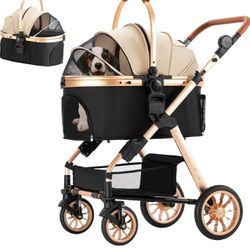 Pet Stroller, Dog Stroller for Medium Small Dog with Storage Basket Foldable Lightweight Dog Carrier Trolley.Basket can be Used Alone.（Khaki）